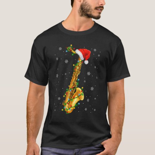 Saxophone Music   Xmas Lights   Santa Hat Christma T_Shirt