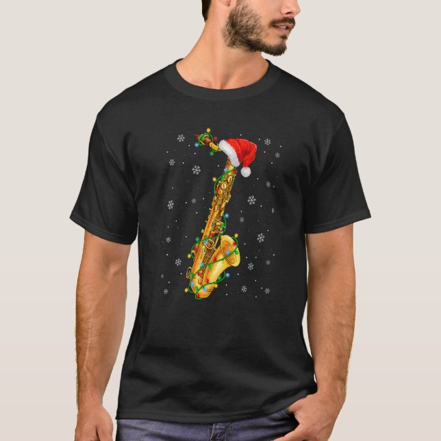 Saxophone Music  Xmas Lights  Santa Hat Christmas T-Shirt (Front)
