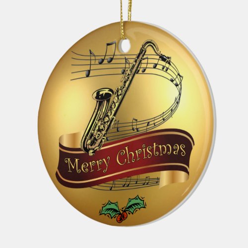 Saxophone Musical ScrollGold Merry Christmas  Ceramic Ornament