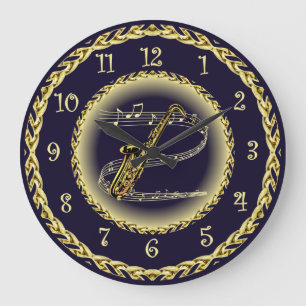Saxophone ~ Musical Scroll ~ Gold/Navy Blue ~  Large Clock