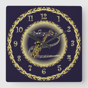 Saxophone ~ Musical Scroll ~ Gold/Navy Blue ~ Square Wall Clock