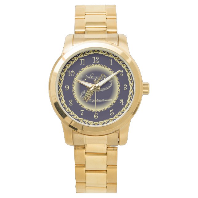 Saxophone ~ Musical Scroll ~ Gold/Navy Blue ~  Watch (Front)