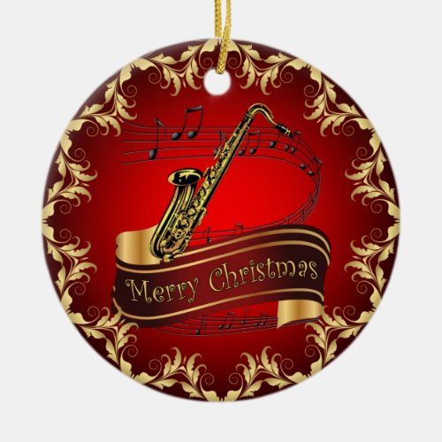 Saxophone  Musical Scroll  Merry Christmas    Ceramic Ornament