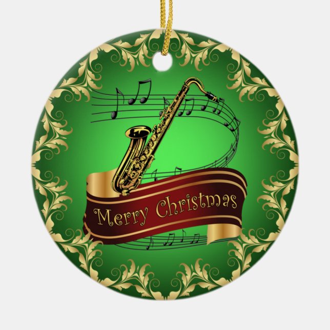Saxophone ~ Musical Scroll ~ Merry Christmas ~ * ~ Ceramic Ornament (Front)