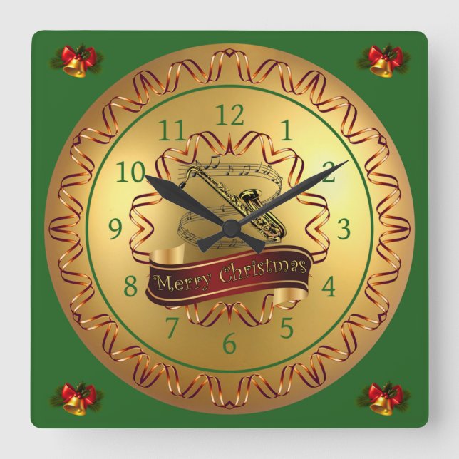 Saxophone ~ Musical Scroll ~ “Merry Christmas”  Square Wall Clock (Front)