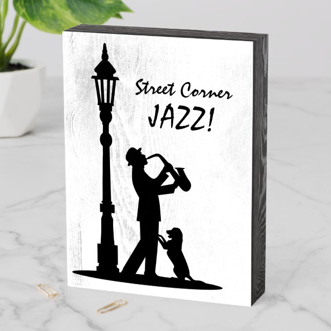 Saxophone Musician Lamppost Dog Jazz Wooden Box Sign (In Situ Vertical)