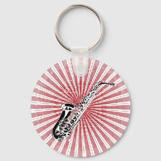 Saxophone on Grunge Red Sunburst Keychain (Front)