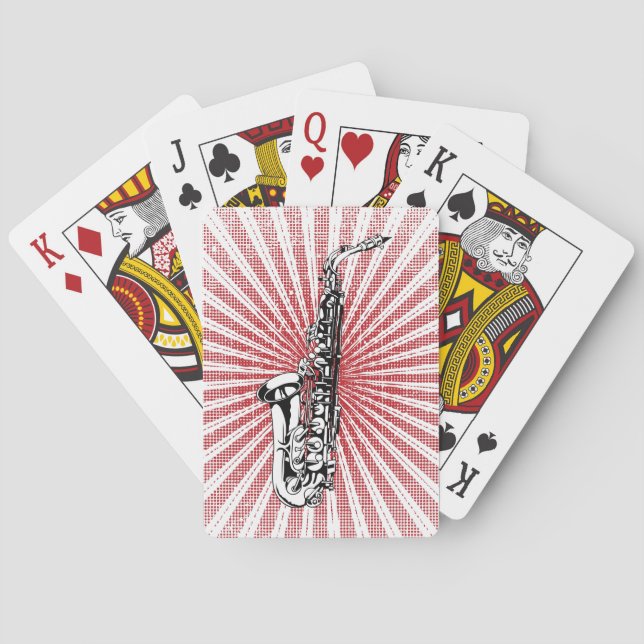 Saxophone on Grunge Red Sunburst Poker Cards (Back)