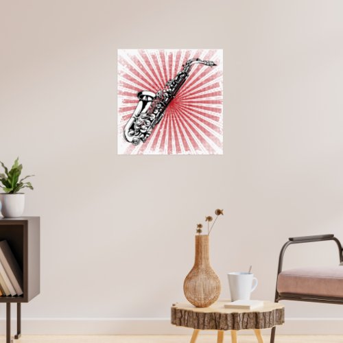 Saxophone on Grunge Red Sunburst Poster