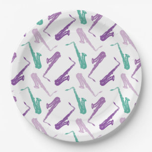 Saxophone Pattern - Purple and Teal Paper Plates