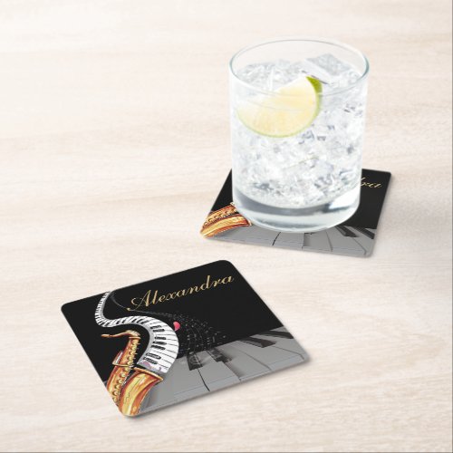 Saxophone Personalized Black Gold Square Paper Coaster