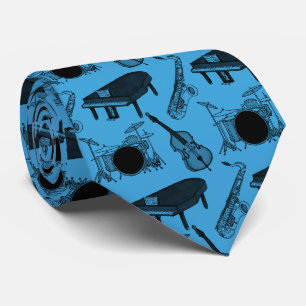 Saxophone Piano Bass Drums Jazz Musician (Blue) Neck Tie