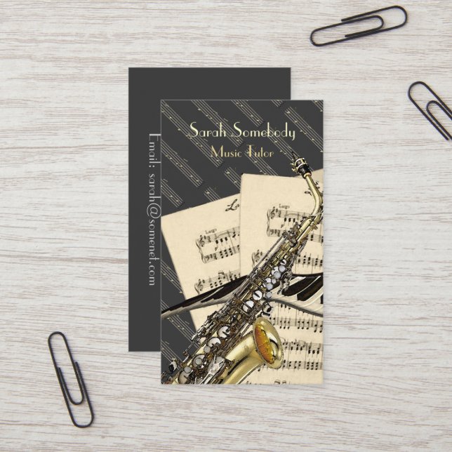 Saxophone & Piano Music Personalized Business Card (Front/Back In Situ)
