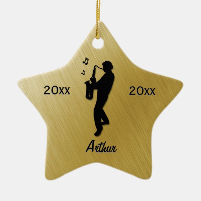 Saxophone Player Gold Name / Date Ceramic Ornament (Front)