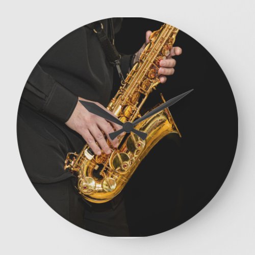 Saxophone Player hands Saxophonist playing jazz Large Clock