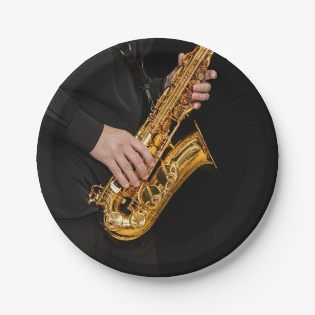 Saxophone Player hands Saxophonist playing jazz Paper Plates (Front)