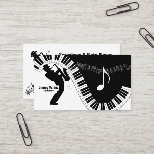 Saxophone Player Music Notes Piano Keys Business Card