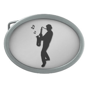 Saxophone Player Silver Oval Belt Buckle