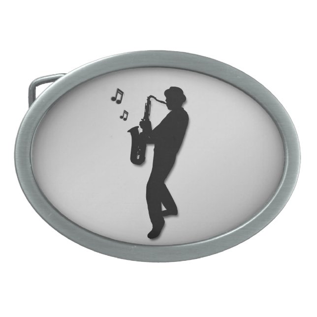 Saxophone Player Silver Oval Belt Buckle (Front)