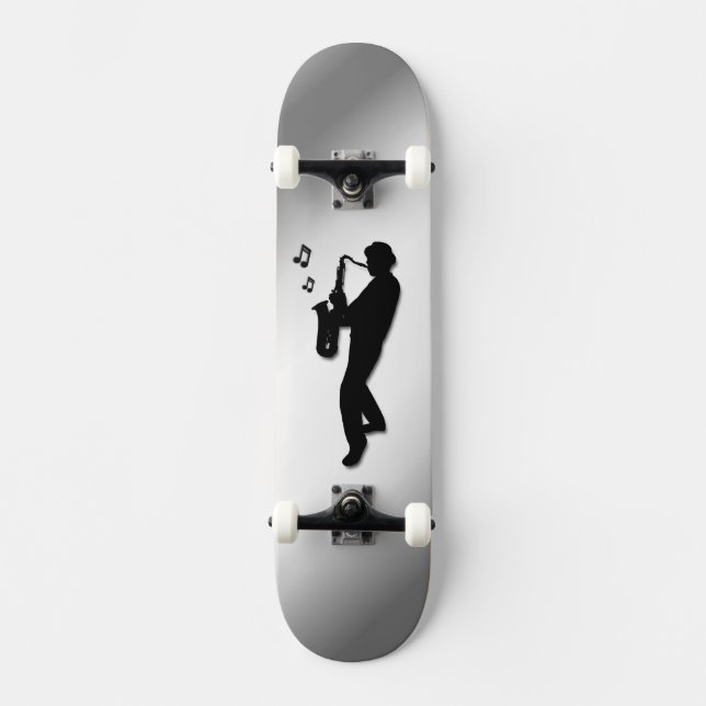Saxophone Player Silver Skateboard Deck (Front)