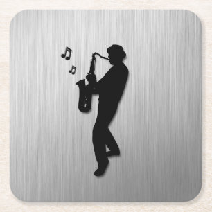 Saxophone Player Silver Square Paper Coaster