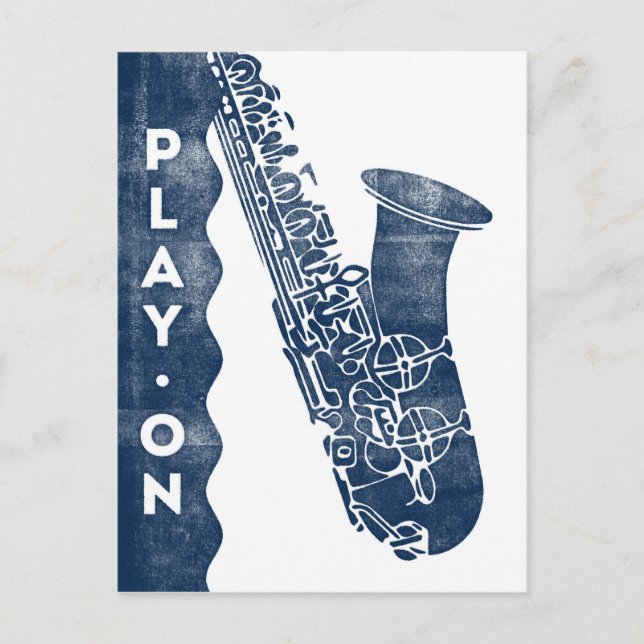 Saxophone Postcard - Vintage Retro Navy Blue White (Front)