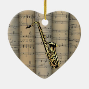 Saxophone ~ Rolled Sheet Music Background ~ Music Ceramic Ornament