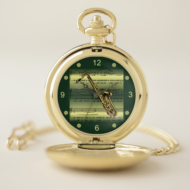 Saxophone~Rolled Sheet Music~Gold/Green Background Pocket Watch (Inside)