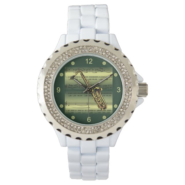 Saxophone~Rolled Sheet Music~Gold/Green Background Watch (Front)