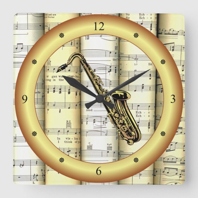 Saxophone ~ Rolled Sheet Music ~ Gold Ring ~ * ~ Square Wall Clock (Front)