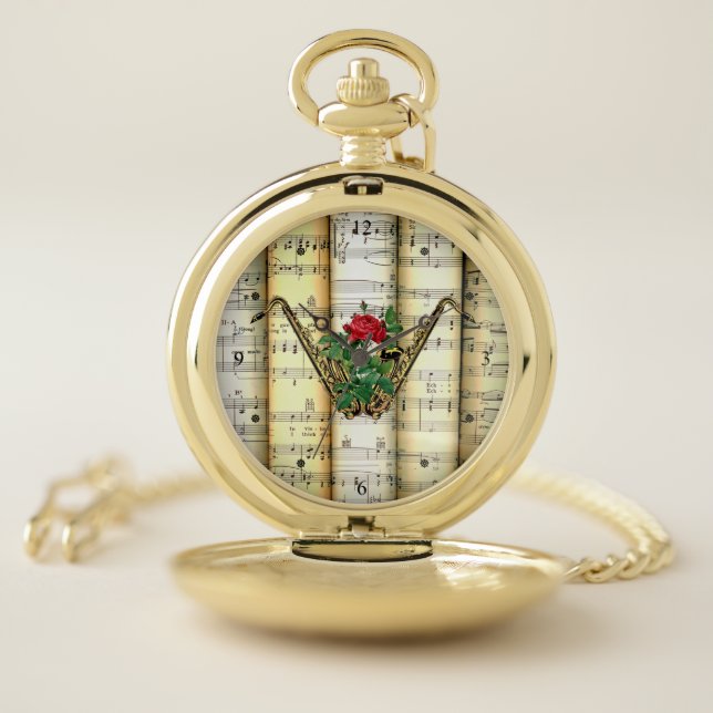 Saxophone & Rose ~ Rolled Sheet Music ~ Pocket Watch (Inside)