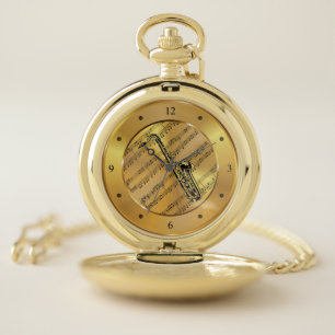 Saxophone ~ Sheet Music ~ Gold Background ~ Unique Pocket Watch