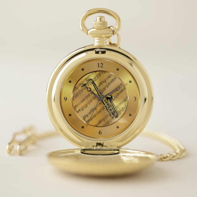 Saxophone ~ Sheet Music ~ Gold Background ~ Unique Pocket Watch (Inside)