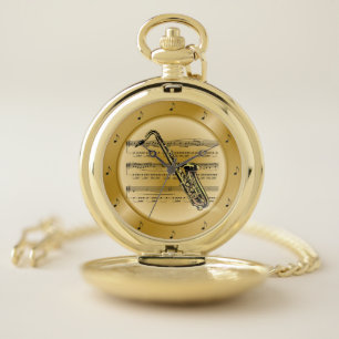 Saxophone ~ Sheet Music ~ Golden Disk~ Unique ~ * Pocket Watch