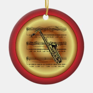 Saxophone~Sheet Music~Red/Green/Gold~Christmas~ Ceramic Ornament