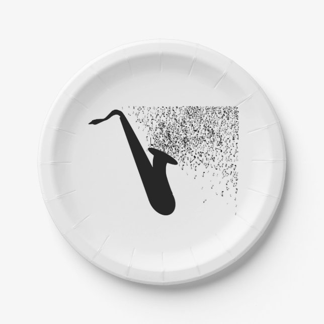Saxophone Silhouette With Musical Notes Paper Plates (Front)