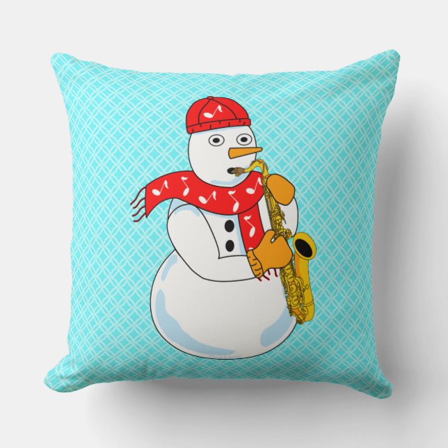 Saxophone Snowman Throw Pillow (Front)