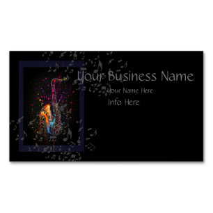 Saxophone Splash And Music Notes Business Card Magnet