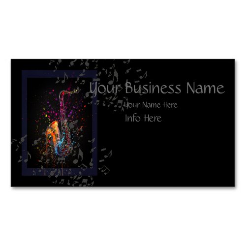 Saxophone Splash And Music Notes Business Card Magnet