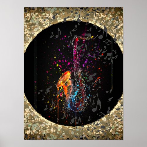 Saxophone Splash And Music Notes Poster