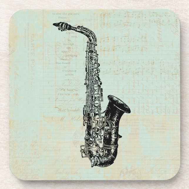 Saxophone Vintage Mint Green Music Art Beverage Coaster (Front)