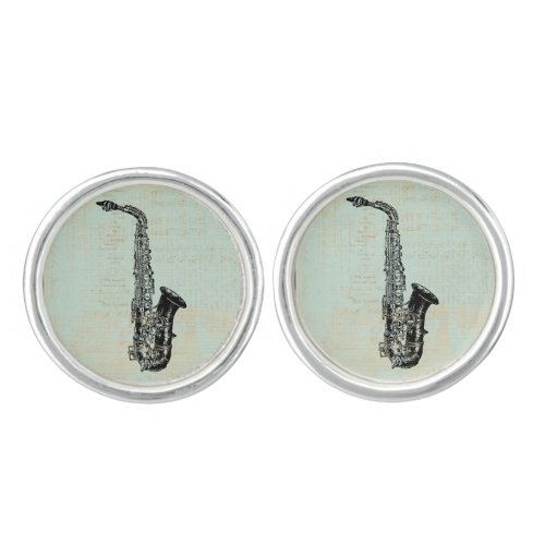 Saxophone Vintage Mint Green Music Art Cufflinks