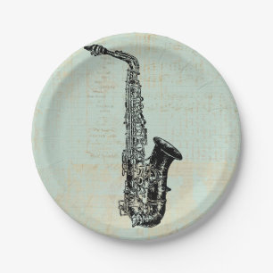 Saxophone Vintage Mint Green Music Art Paper Plates