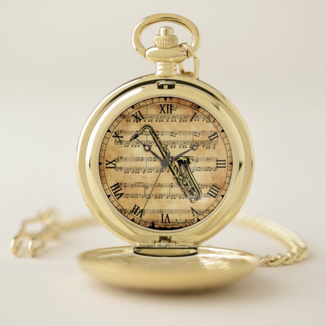 Saxophone~Vintage Sheet Music Background~Unique Pocket Watch (Inside)
