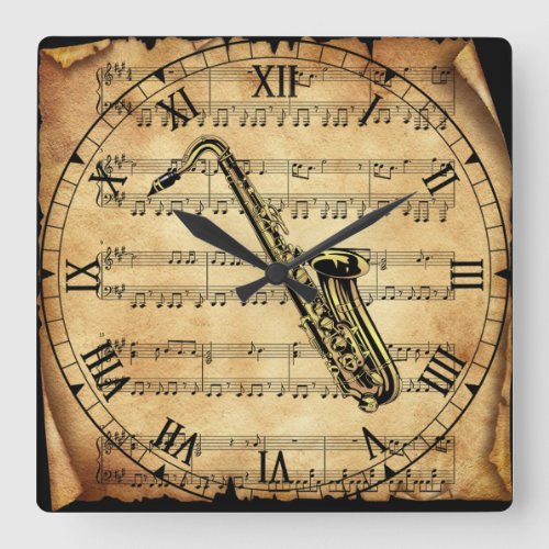 SaxophoneVintage Sheet Music BackgroundUnique Square Wall Clock