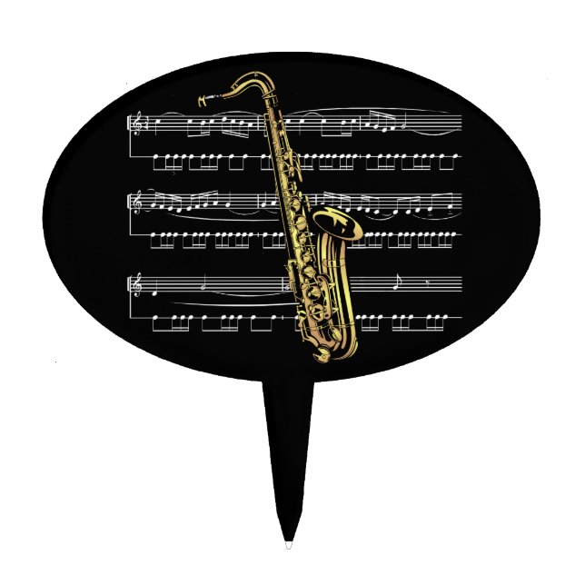 Saxophone w/Sheet Music ~ Black Background Cake Topper (Front)