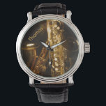 Saxophone Watch<br><div class="desc">Sporty watch perfect for any music lover. It features an up close photograph of two saxophones. You customize the name at the top.</div>