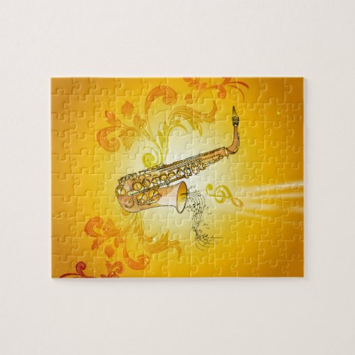 Saxophone with key notes and clef jigsaw puzzle Zazzle