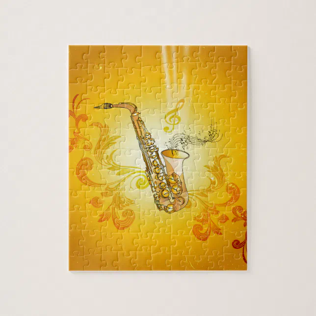 Saxophone with key notes and clef jigsaw puzzle Zazzle
