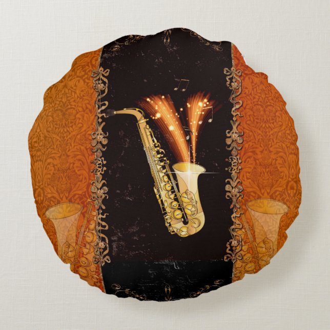 Saxophone with key notes and floral elements round pillow (Back)